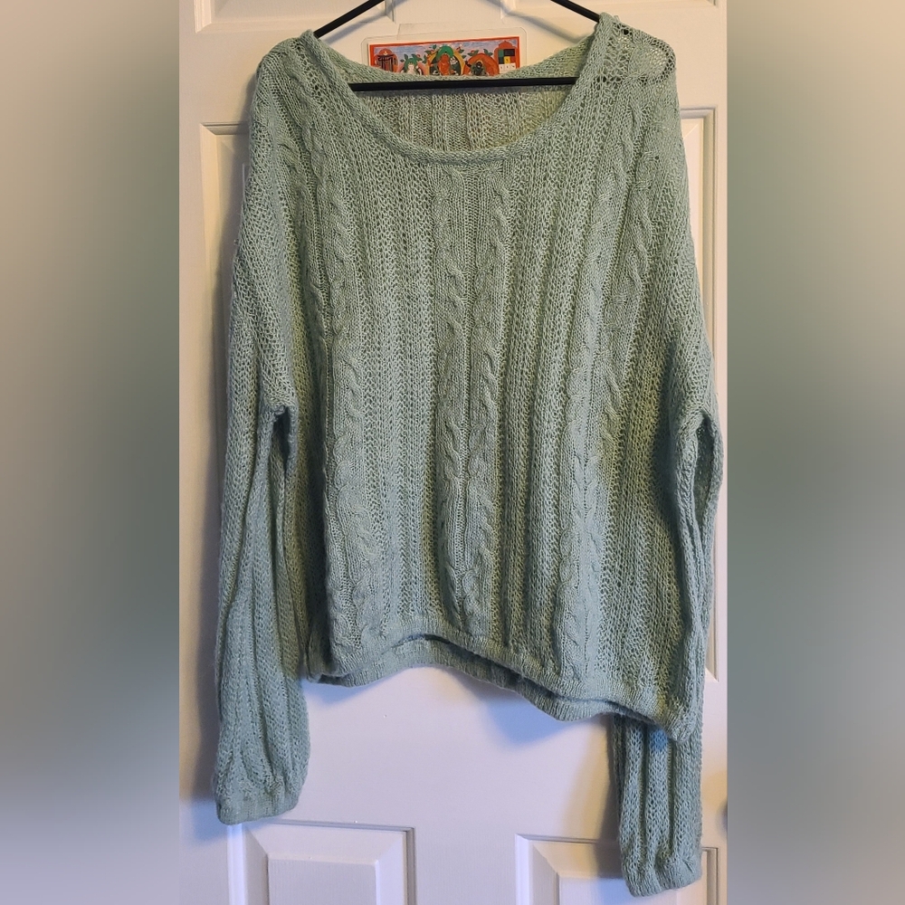 Free People Green Cable Knit Crew Neck Sweater